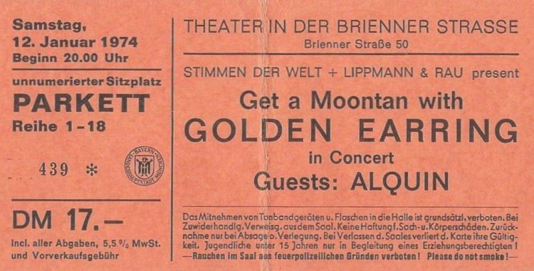 Golden Earring show ticket#439 January 12, 1974 München (Germany) - Theater an der Brienner Strasse